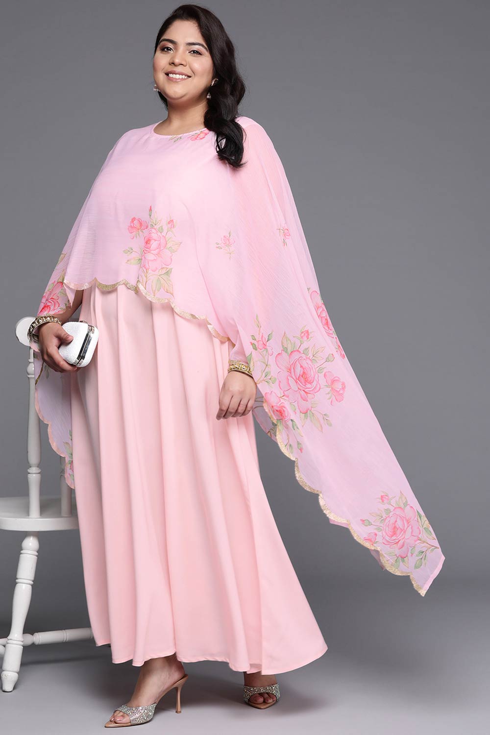 Pink Polyester Printed Flared Boat Neck Dresses