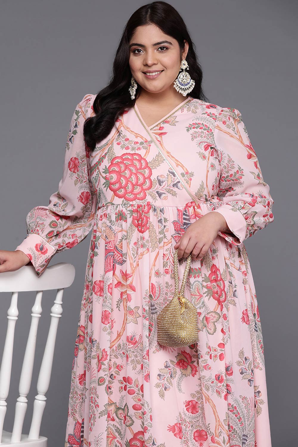 Pink Georgette Printed Straight V-Neck Dresses