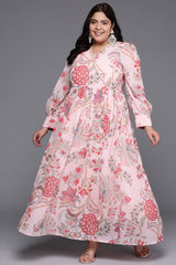 Pink Georgette Printed Straight V-Neck Dresses