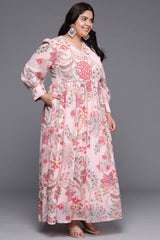 Pink Georgette Printed Straight V-Neck Dresses