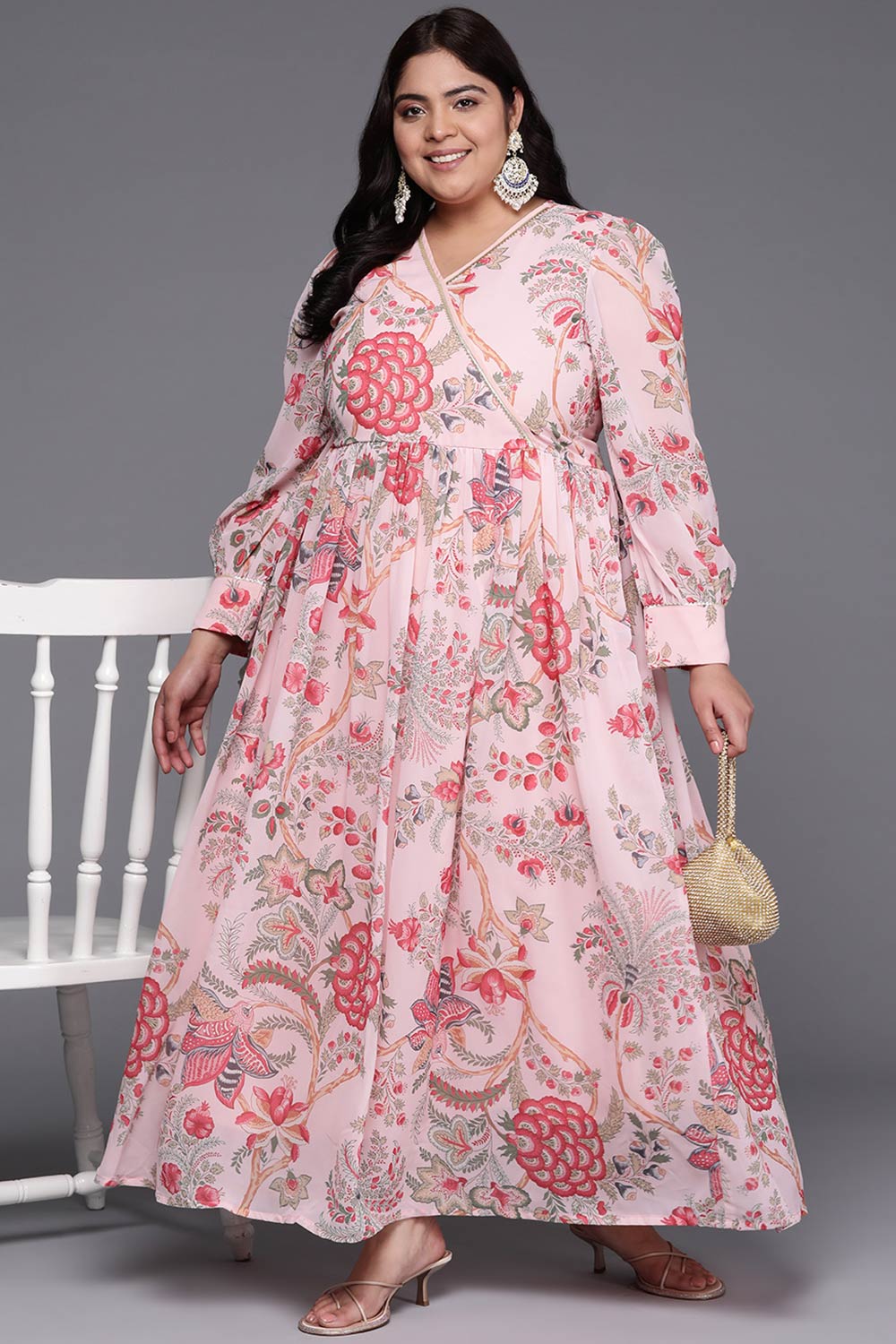 Pink Georgette Printed Straight V-Neck Dresses