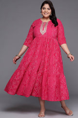 Pink Cotton Printed Straight Round Neck Dresses