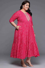 Pink Cotton Printed Straight Round Neck Dresses