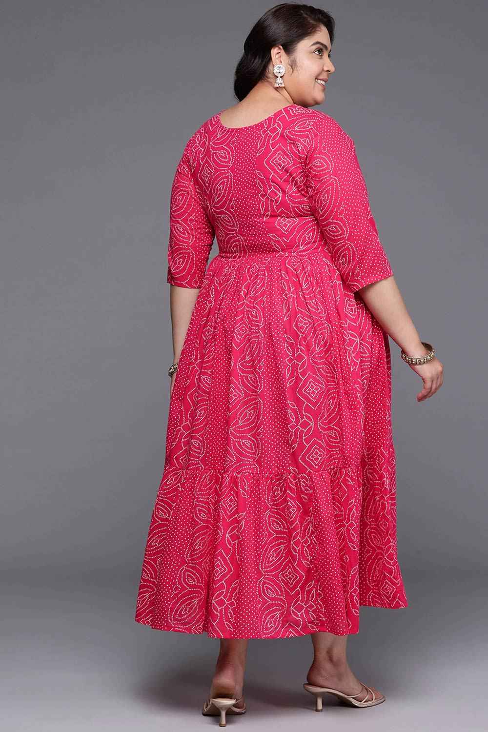 Pink Cotton Printed Straight Round Neck Dresses