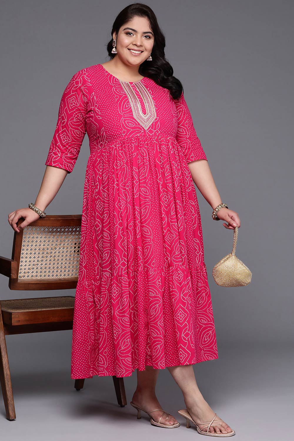 Pink Cotton Printed Straight Round Neck Dresses