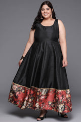 Black Poly Silk Printed Straight Round Neck Dresses