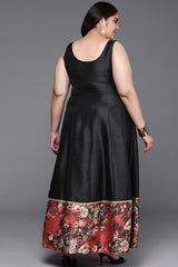 Black Poly Silk Printed Straight Round Neck Dresses