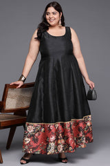 Black Poly Silk Printed Straight Round Neck Dresses