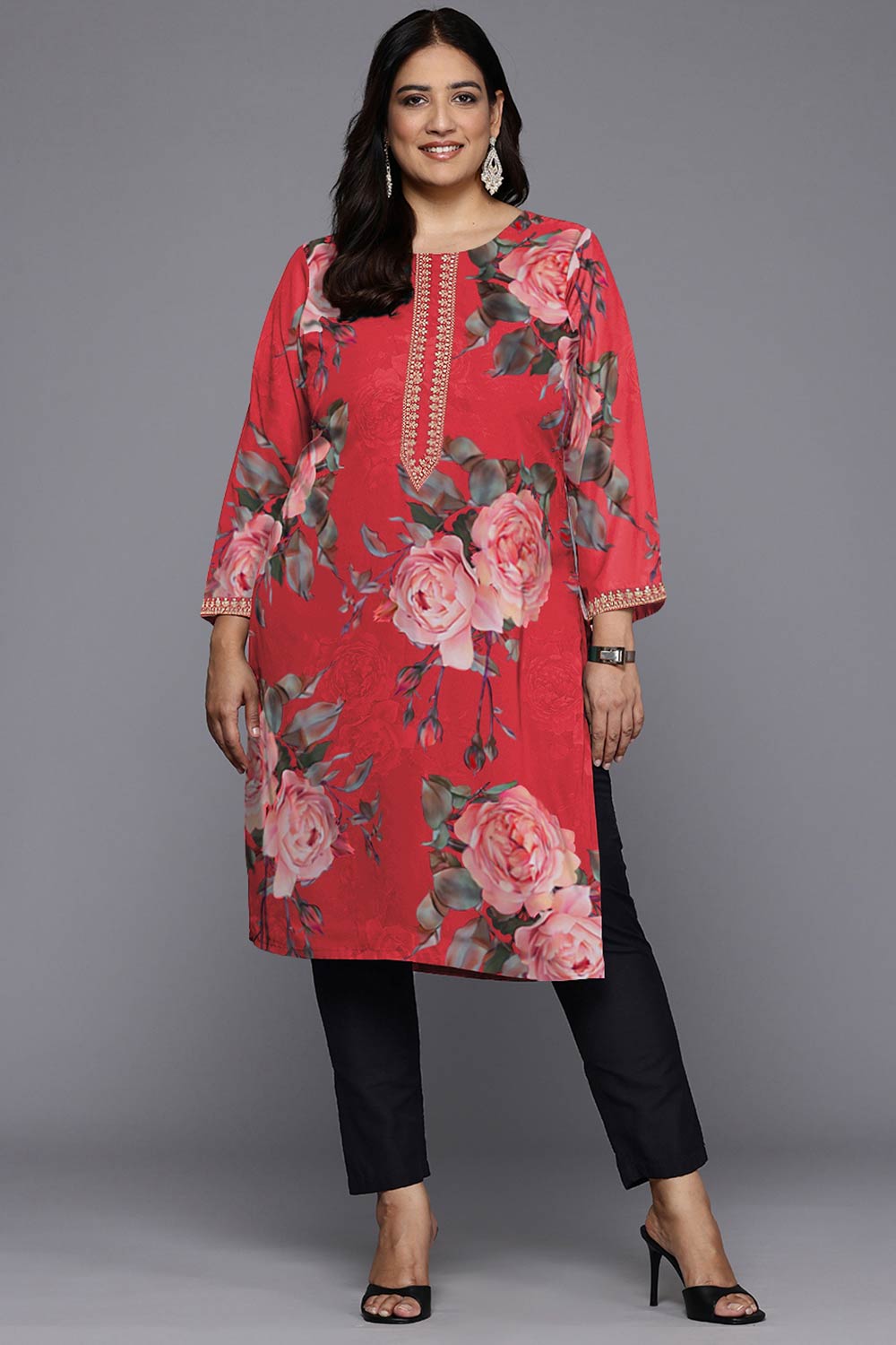 Red Georgette Printed Round Neck Kurti