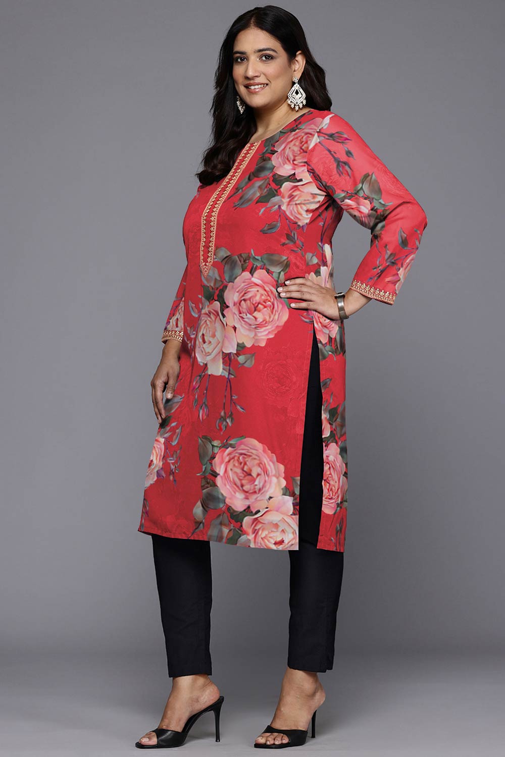 Red Georgette Printed Round Neck Kurti