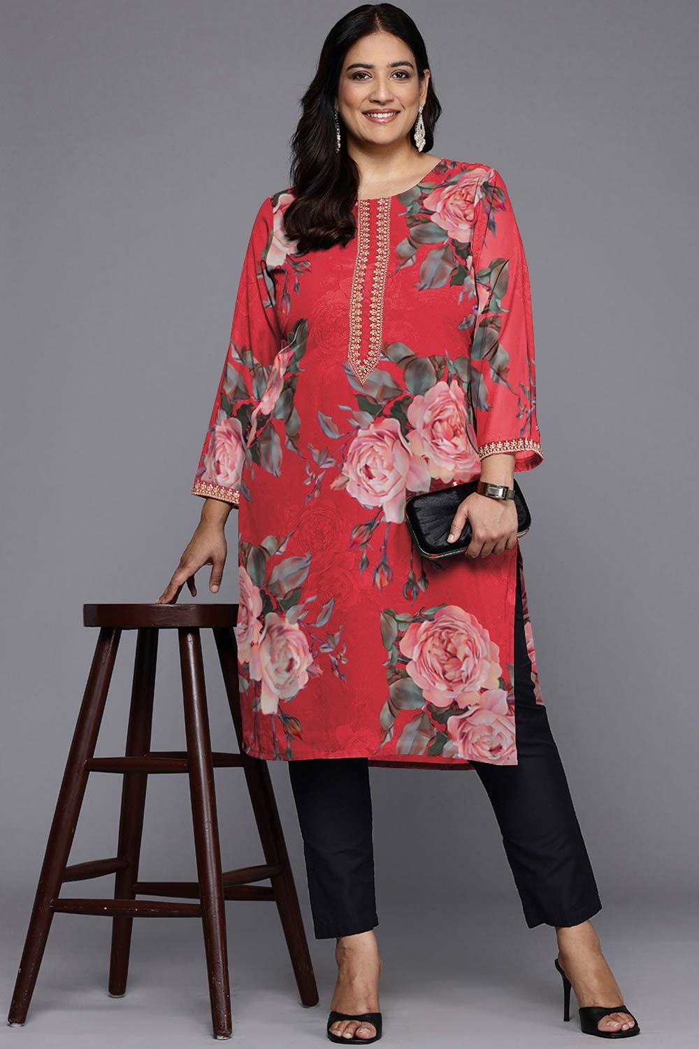 Red Georgette Printed Round Neck Kurta