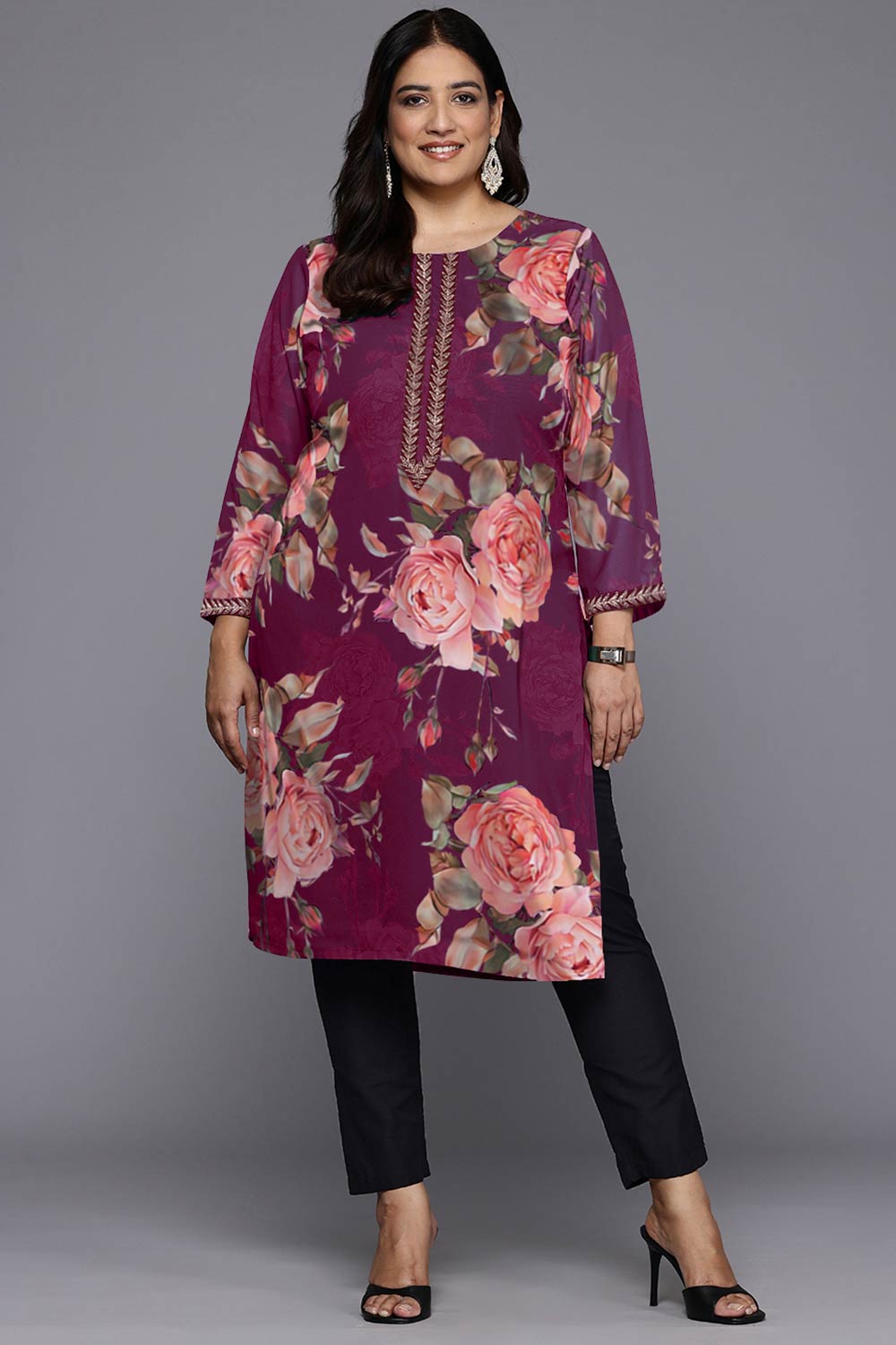 Purple Georgette Printed Round Neck Kurti