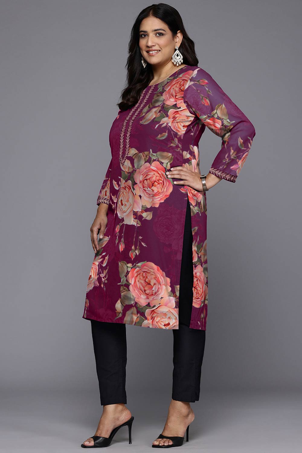 Purple Georgette Printed Round Neck Kurta