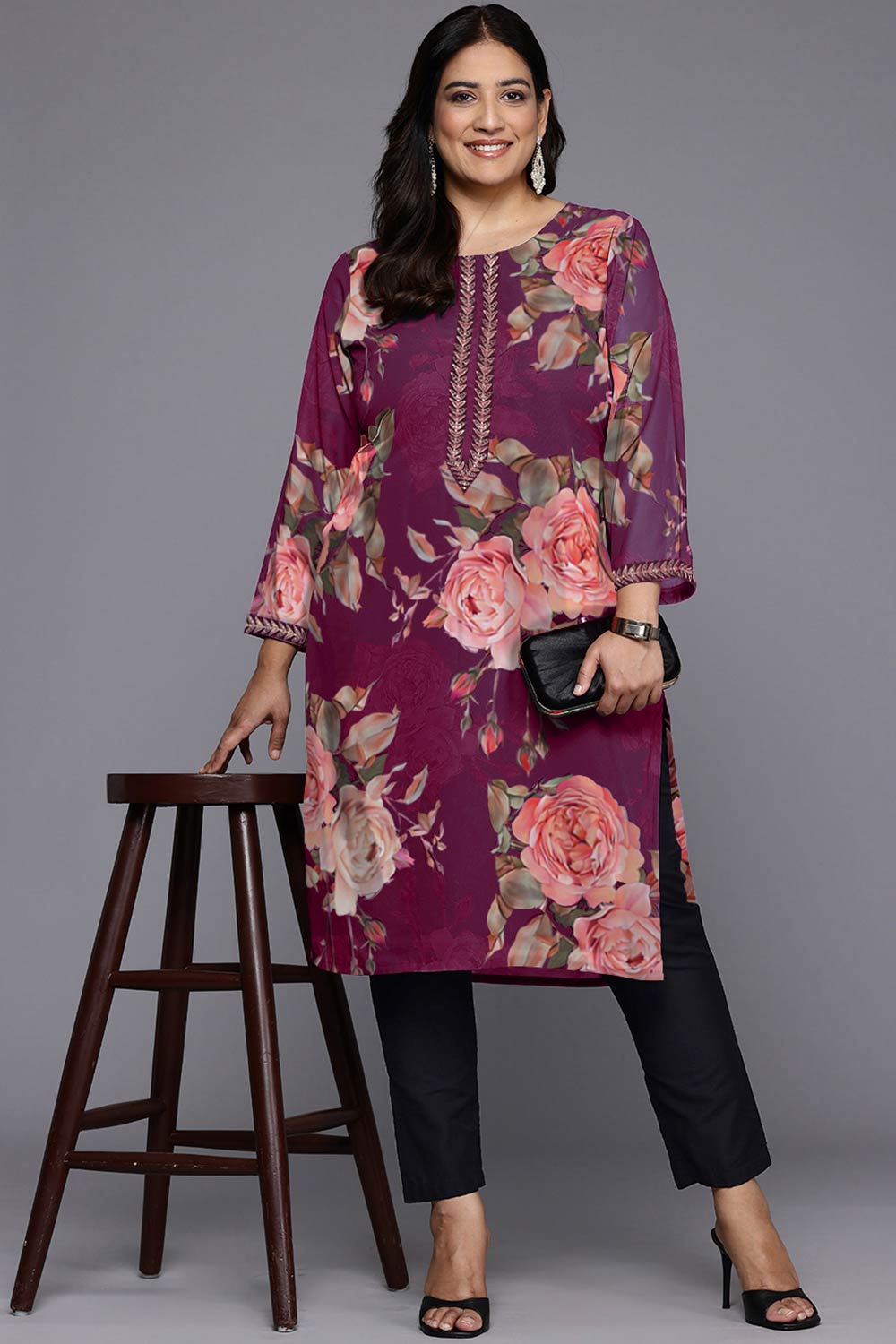 Purple Georgette Printed Round Neck Kurta