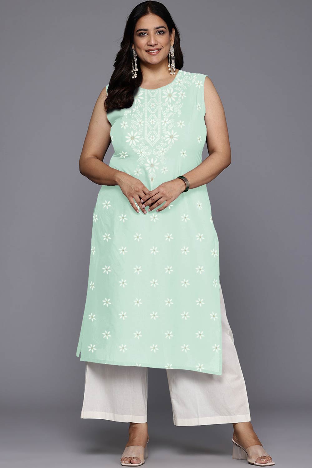 Blue Georgette Printed Round Neck Kurta