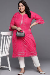 Pink Cotton Printed Round Neck Kurta