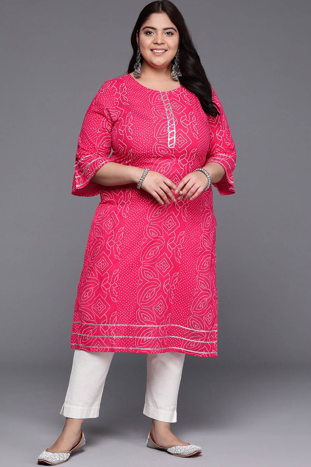 Pink Cotton Printed Round Neck Kurti