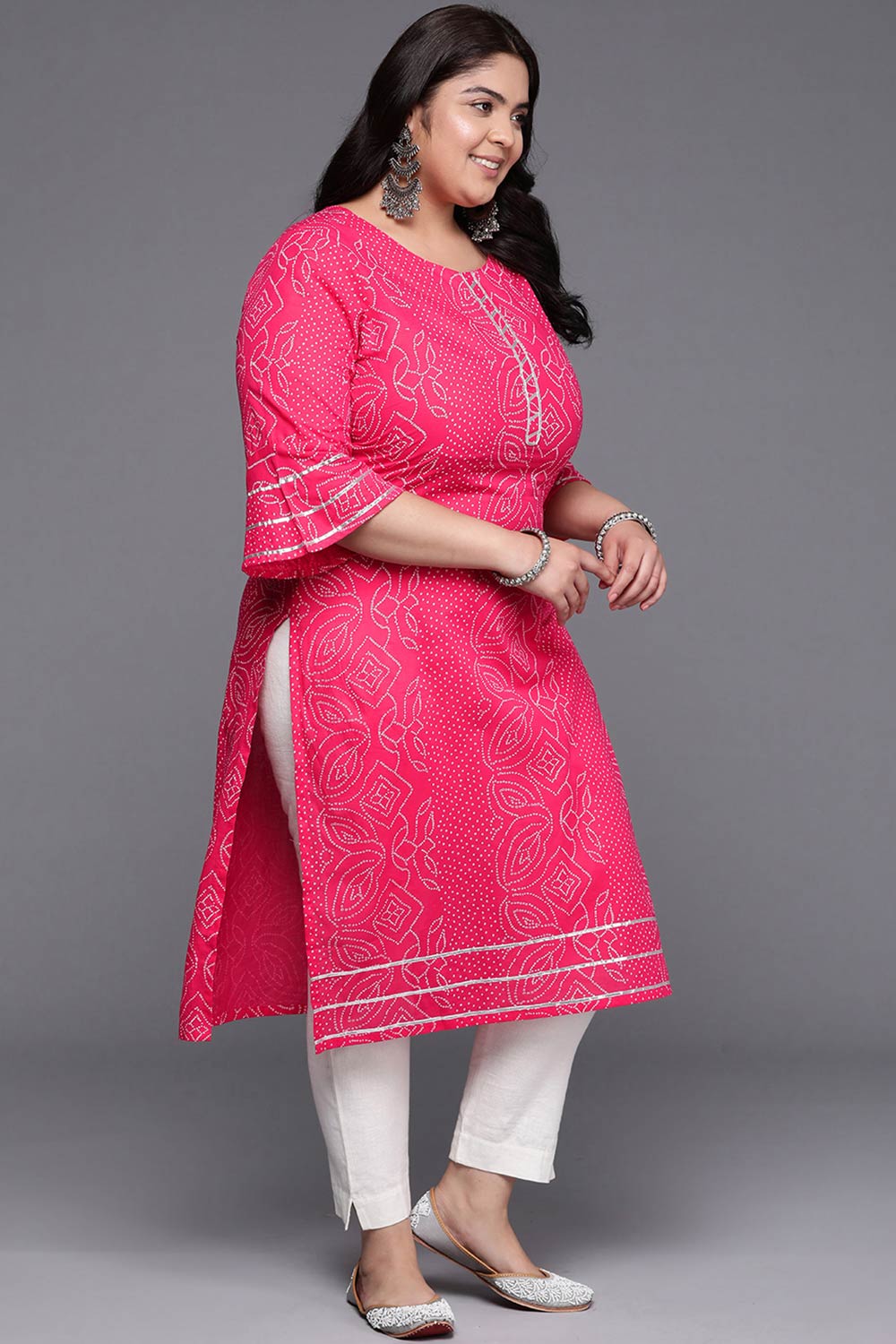 Pink Cotton Printed Round Neck Kurti