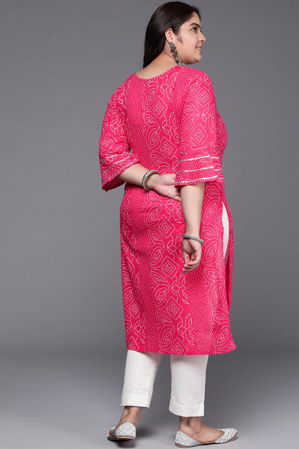 Pink Cotton Printed Round Neck Kurta