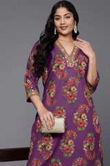 Purple Poly Crepe Printed Straight V-Neck Kurti Set