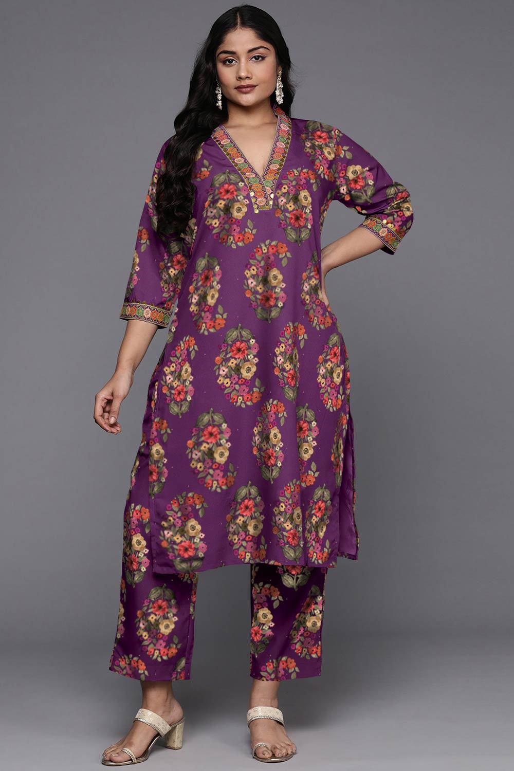 Purple Poly Crepe Printed Straight V-Neck Kurta Set