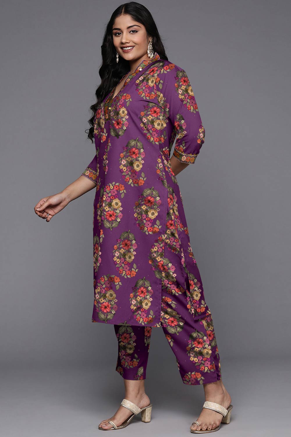 Purple Poly Crepe Printed Straight V-Neck Kurta Set