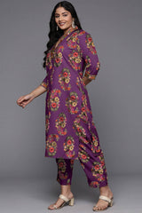 Purple Poly Crepe Printed Straight V-Neck Kurti Set