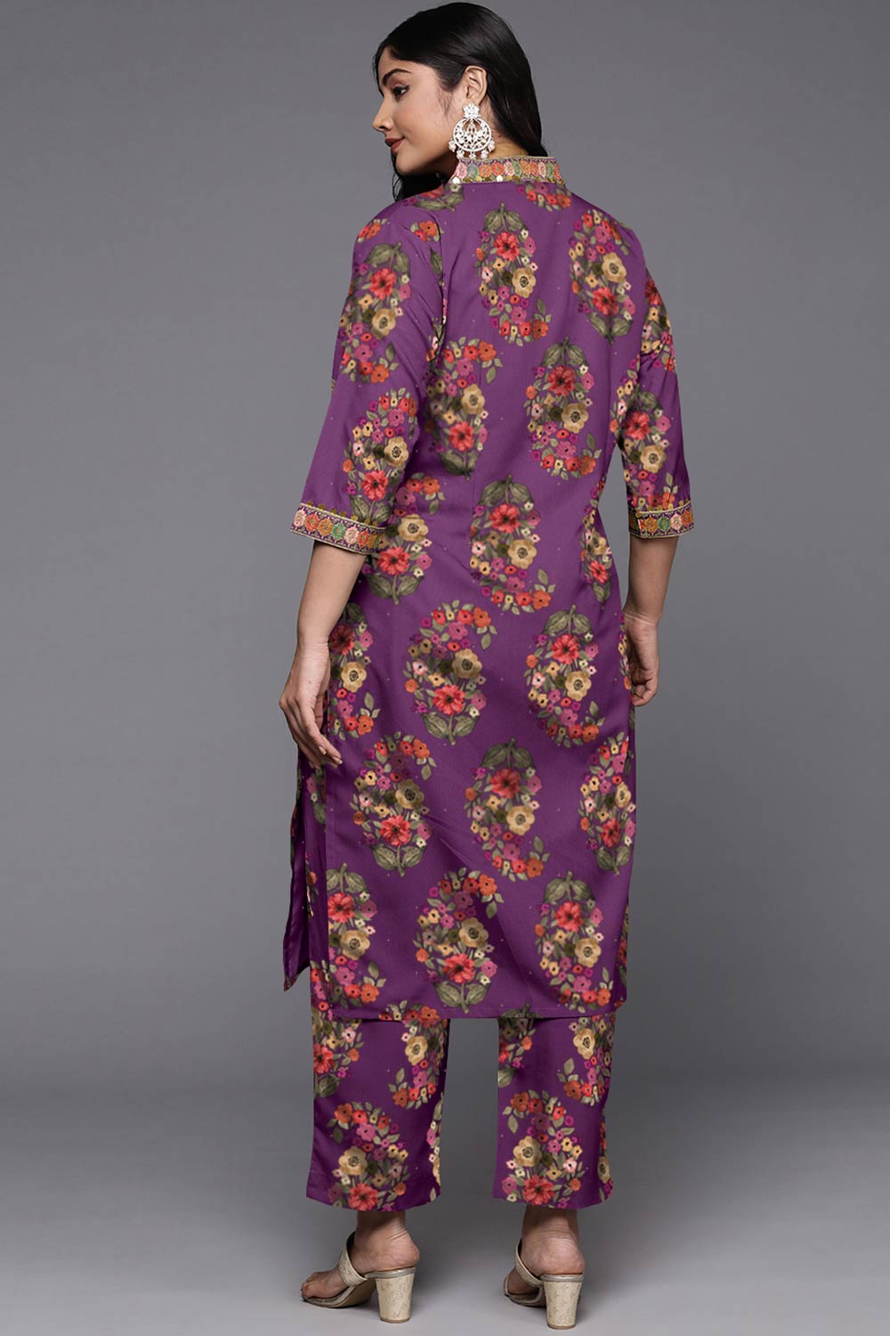 Purple Poly Crepe Printed Straight V-Neck Kurta Set