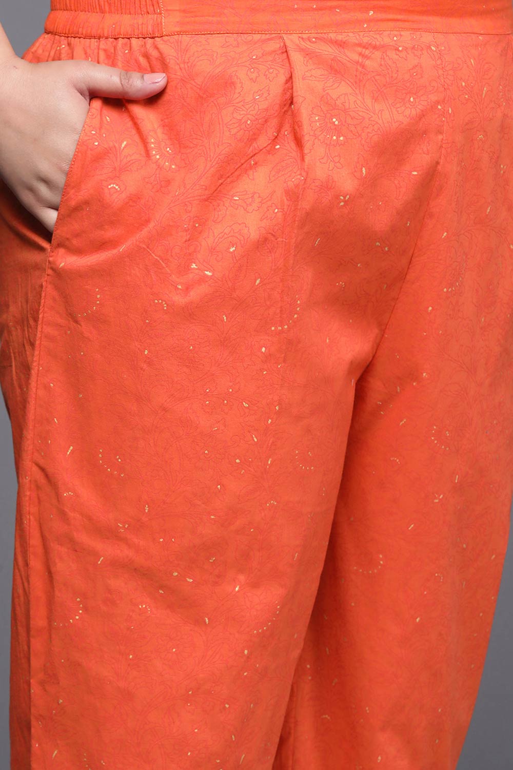 Orange Pure Cotton Printed Straight Round Neck Kurta Set