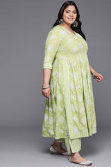 Green Pure Cotton Printed Straight V-Neck Kurta Set