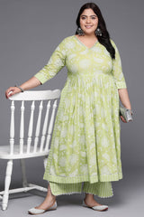 Green Pure Cotton Printed Straight V-Neck Kurti Set