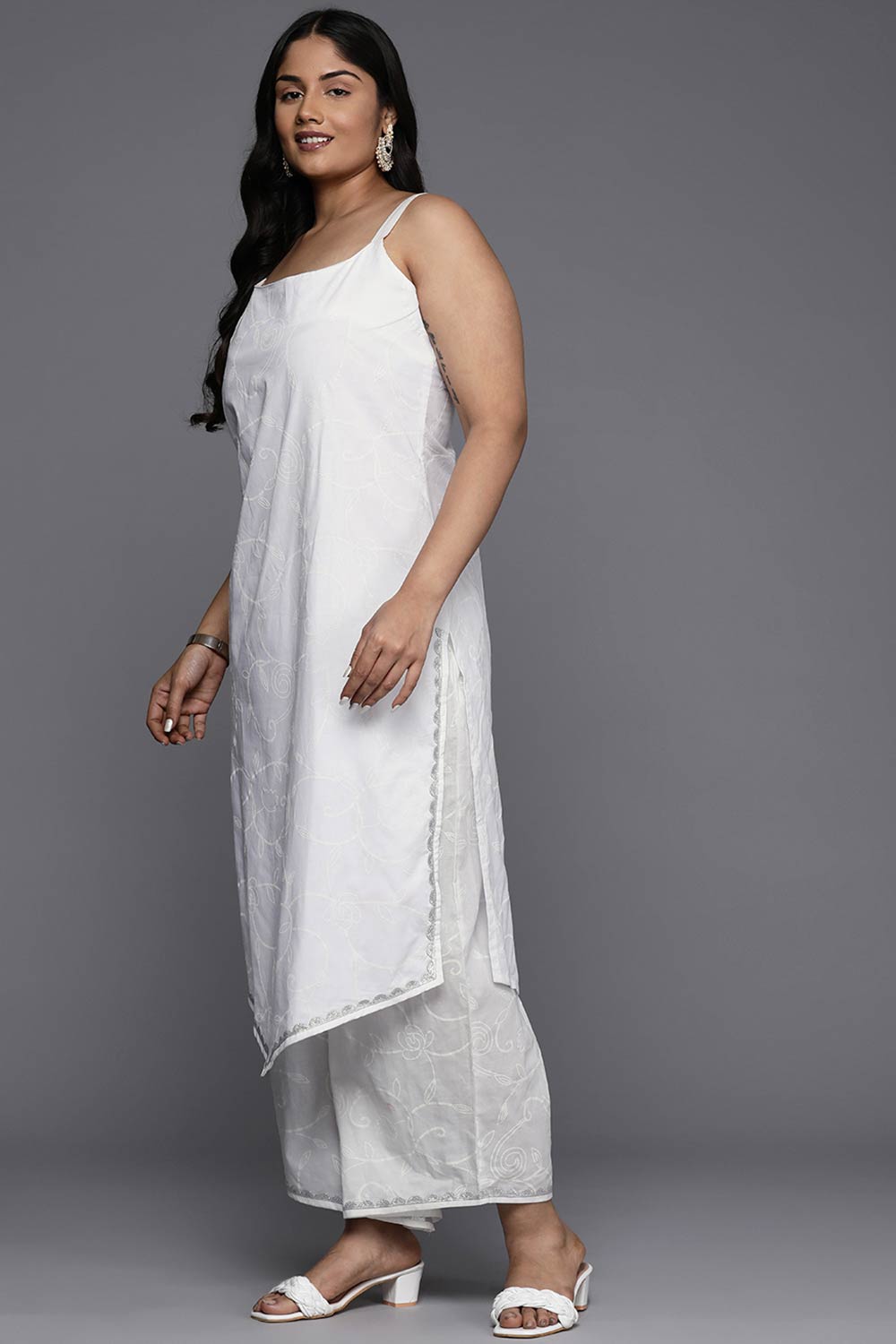 White Pure Cotton Printed Straight Shoulder Straps Kurta Set