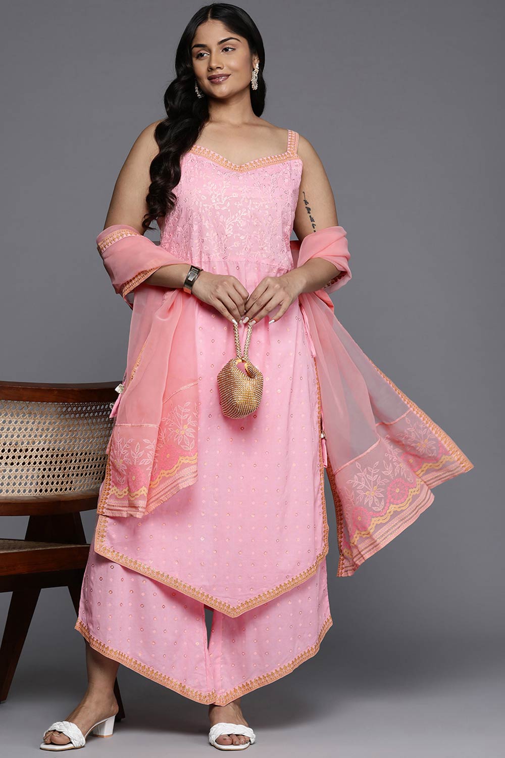 Pink Pure Cotton Printed Straight Shoulder Straps Kurti Set