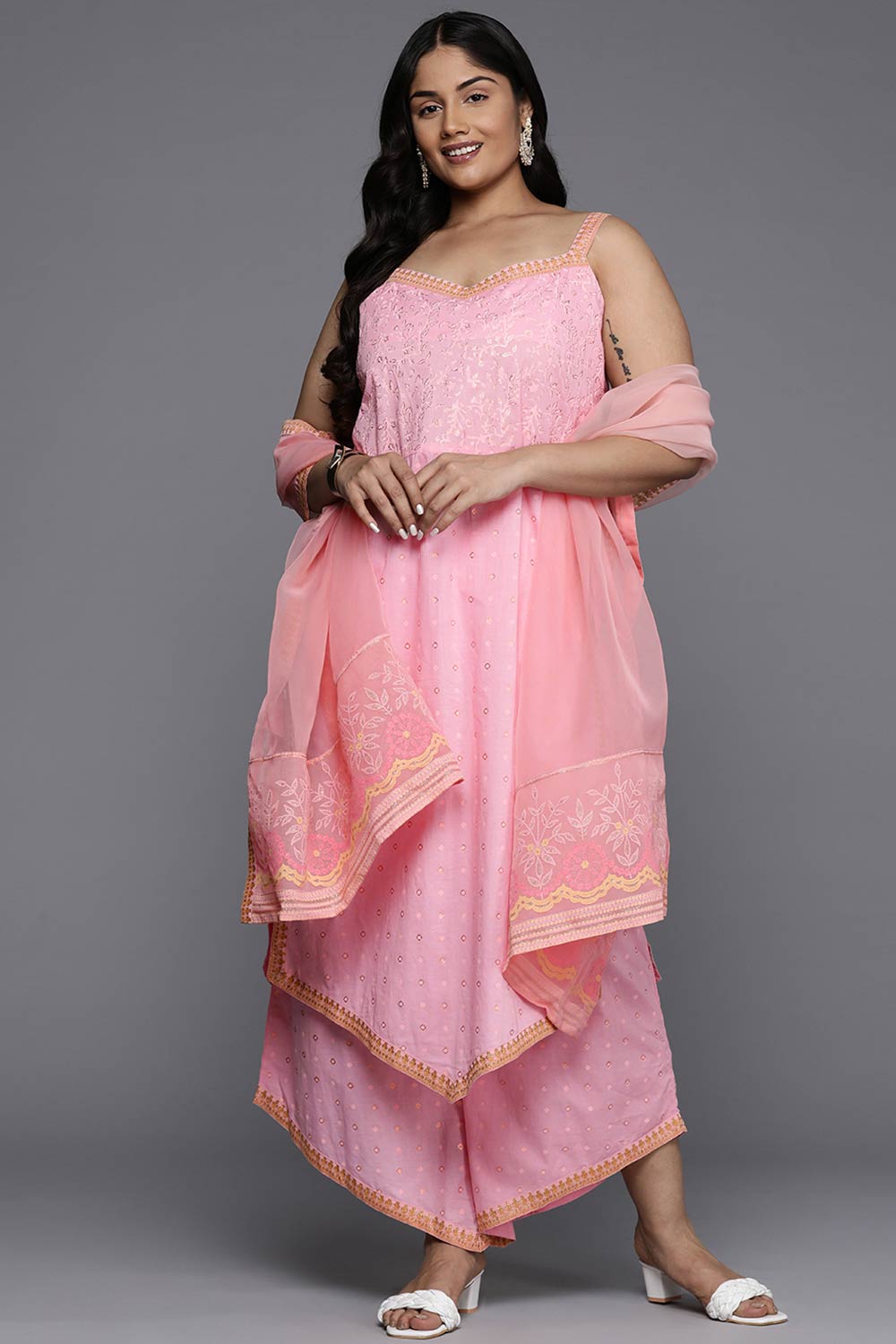 Pink Pure Cotton Printed Straight Shoulder Straps Kurta Set