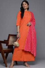 Orange Pure Cotton Printed Straight Round Neck Kurti Set