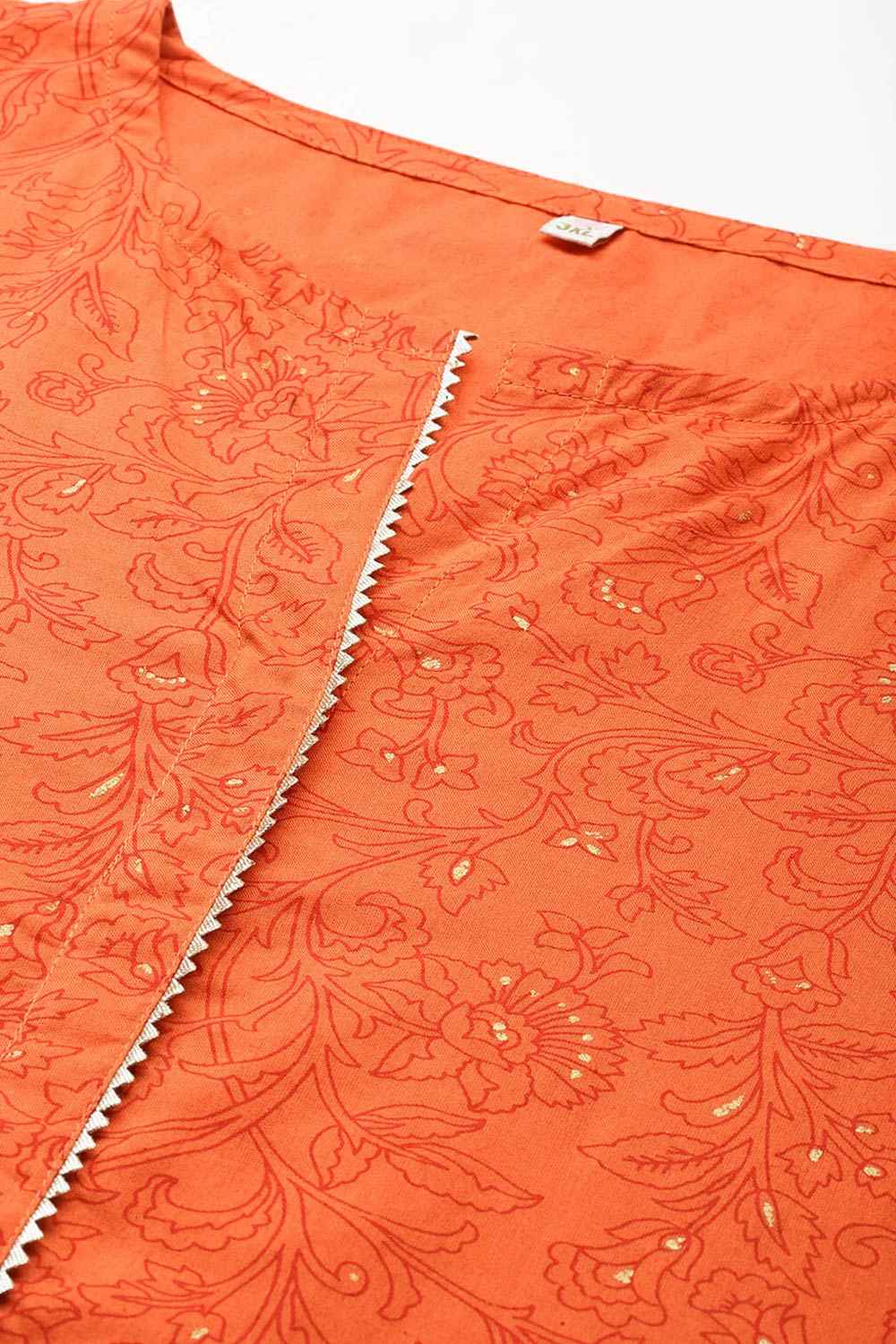 Orange Pure Cotton Printed Straight Round Neck Kurta Set