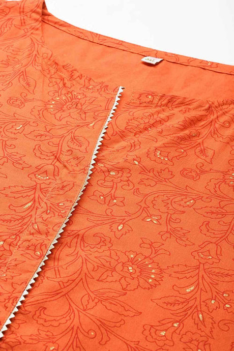 Orange Pure Cotton Printed Straight Round Neck Kurti Set