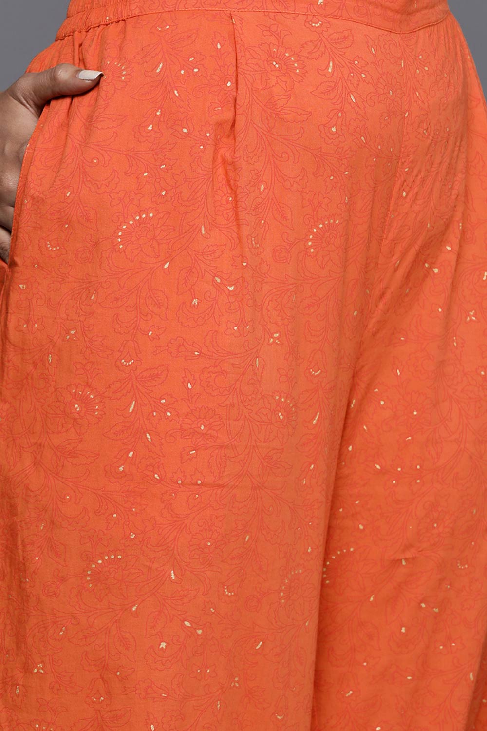 Orange Pure Cotton Printed Straight Round Neck Kurta Set