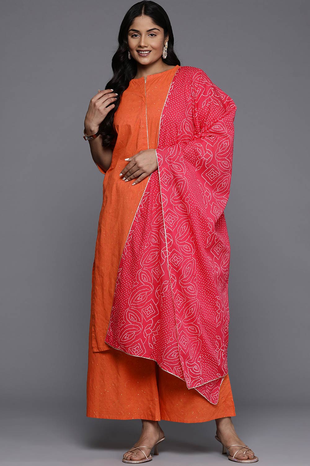 Orange Pure Cotton Printed Straight Round Neck Kurta Set