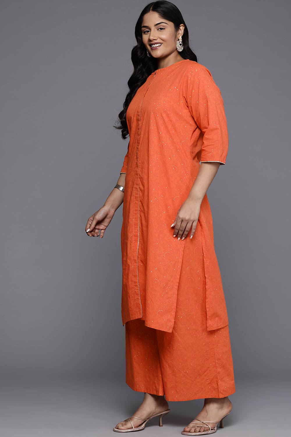 Orange Pure Cotton Printed Straight Round Neck Kurta Set