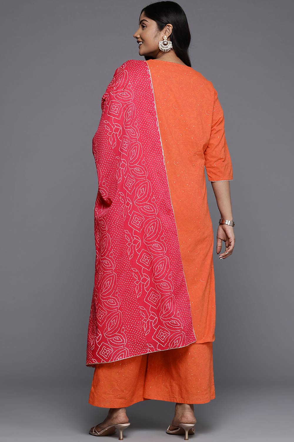 Orange Pure Cotton Printed Straight Round Neck Kurti Set