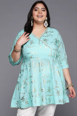 Blue Cotton Printed  V-Neck Tunics