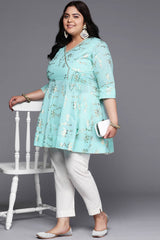 Blue Cotton Printed  V-Neck Tunics