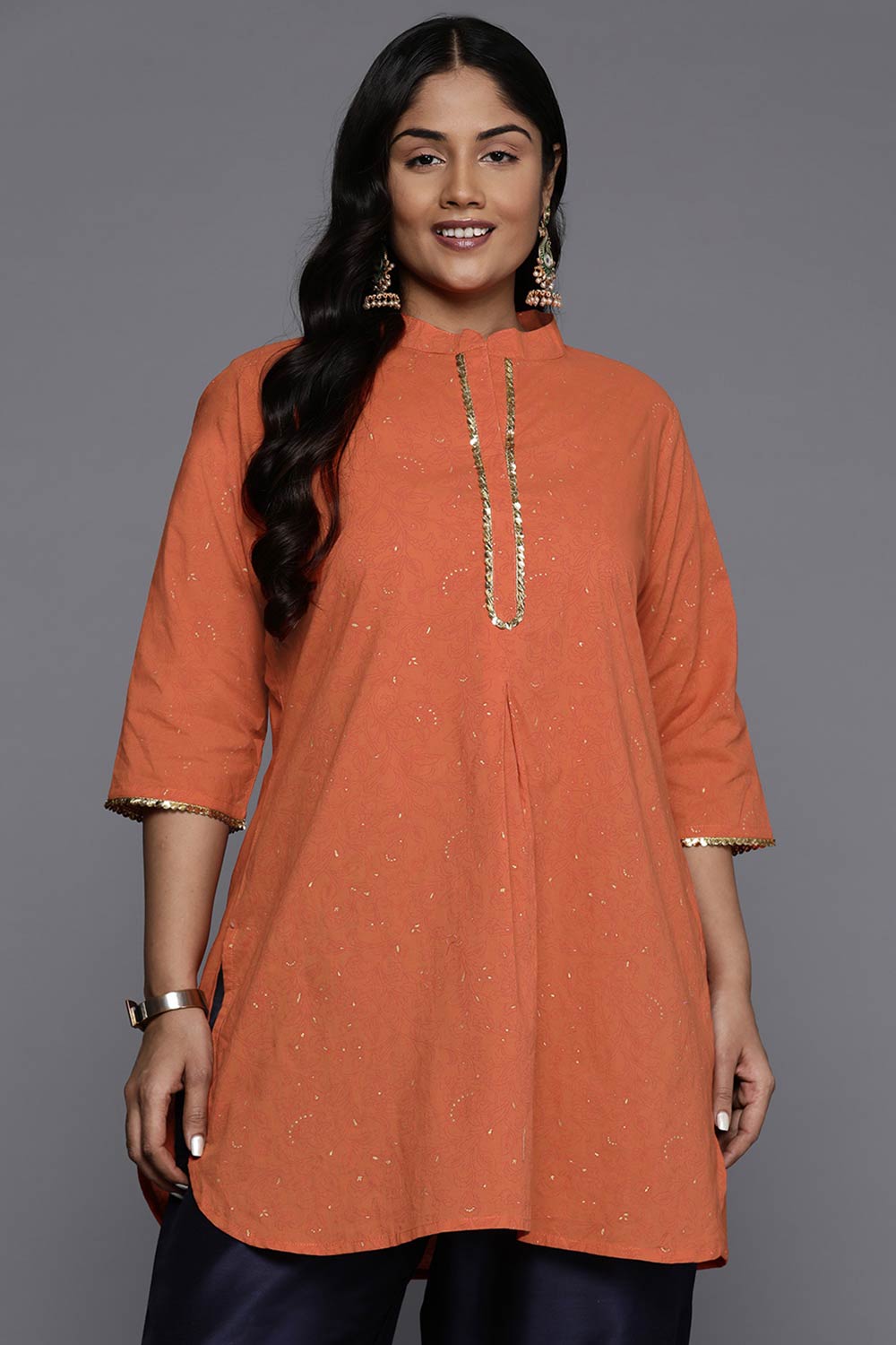 Orange Cotton Printed  Mandarin Collar Tunics