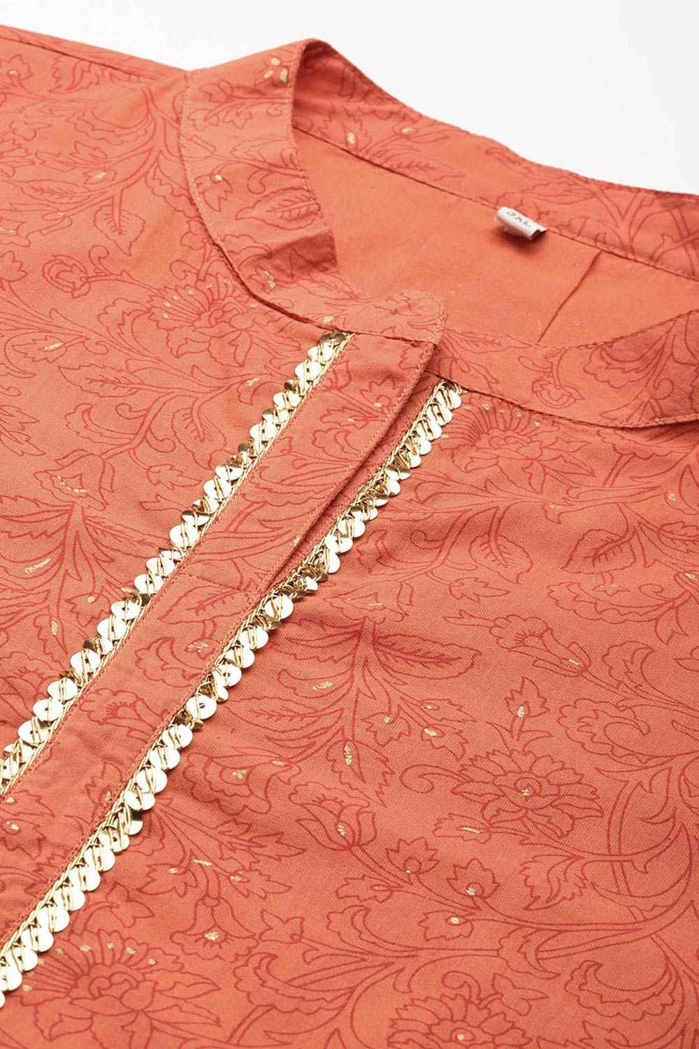 Orange Cotton Printed  Mandarin Collar Tunics