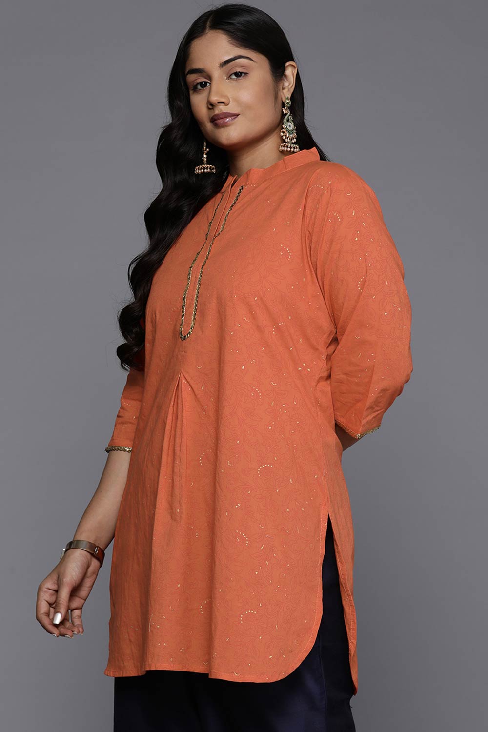 Orange Cotton Printed  Mandarin Collar Tunics