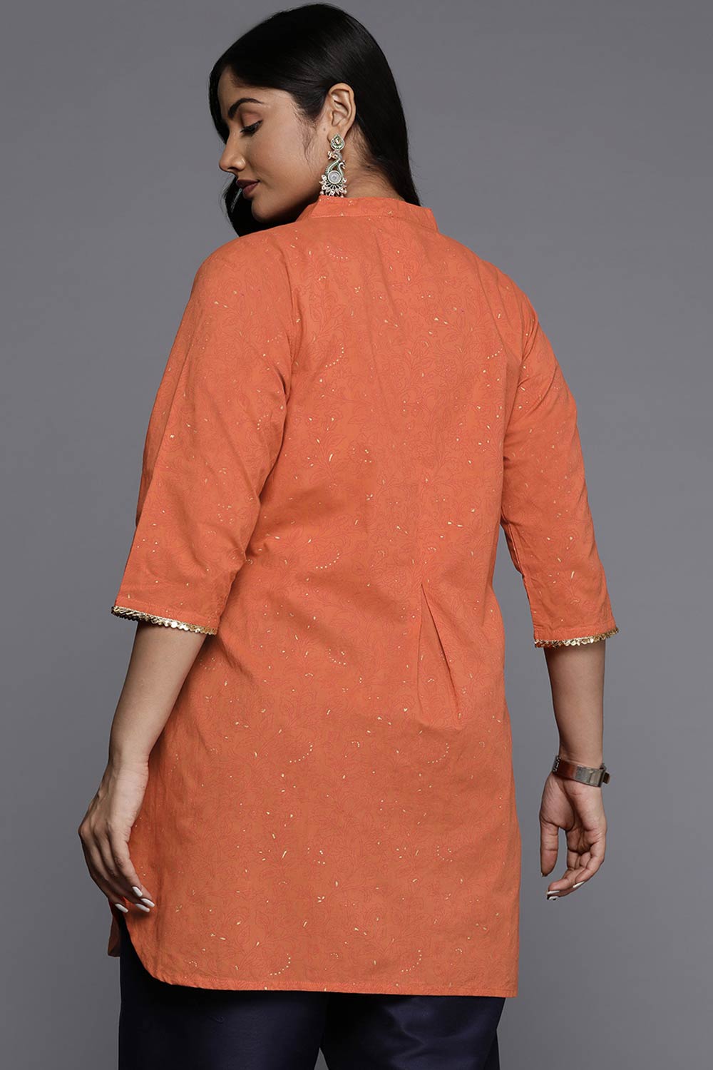 Orange Cotton Printed  Mandarin Collar Tunics