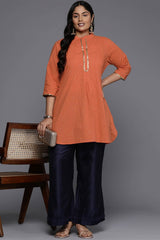 Orange Cotton Printed  Mandarin Collar Tunics