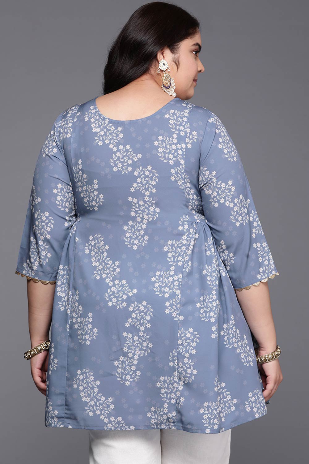 Grey Crepe Printed  Round Neck Tunics