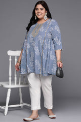 Grey Crepe Printed  Round Neck Tunics